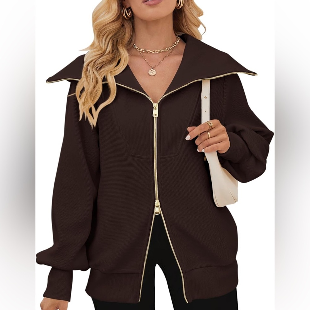 MEROKEETY Long Sleeve Zip Up Sweatshirt Lapel Ribbed with Pockets